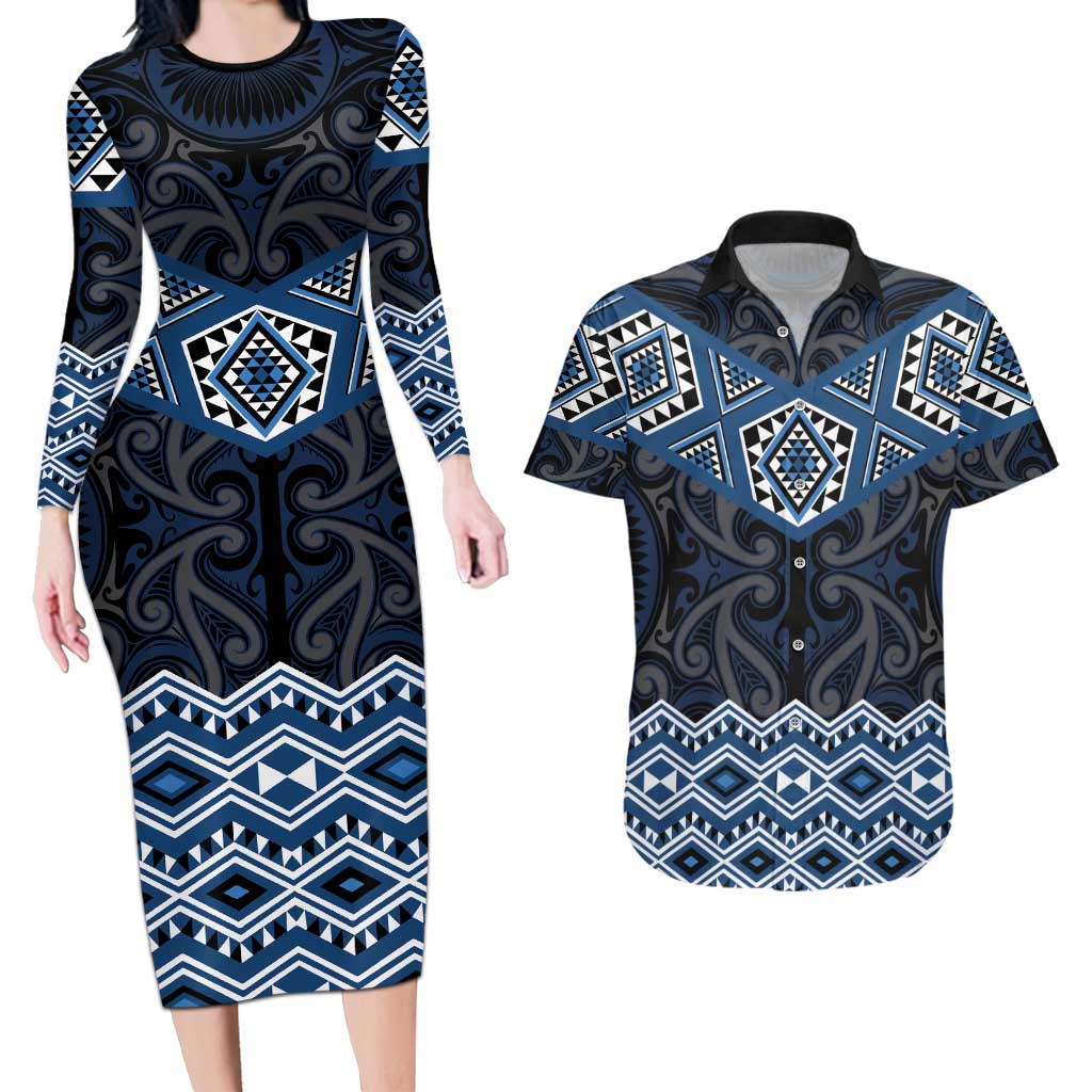 New Zealand Aotearoa Couples Matching Long Sleeve Bodycon Dress and Hawaiian Shirt Blue Taniko Art Maori Pattern