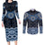 New Zealand Aotearoa Couples Matching Long Sleeve Bodycon Dress and Long Sleeve Button Shirt Blue Taniko Art Maori Pattern