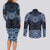 New Zealand Aotearoa Couples Matching Long Sleeve Bodycon Dress and Long Sleeve Button Shirt Blue Taniko Art Maori Pattern