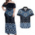 New Zealand Aotearoa Couples Matching Off Shoulder Maxi Dress and Hawaiian Shirt Blue Taniko Art Maori Pattern