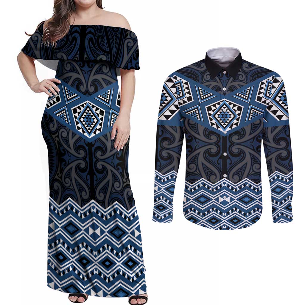 New Zealand Aotearoa Couples Matching Off Shoulder Maxi Dress and Long Sleeve Button Shirt Blue Taniko Art Maori Pattern