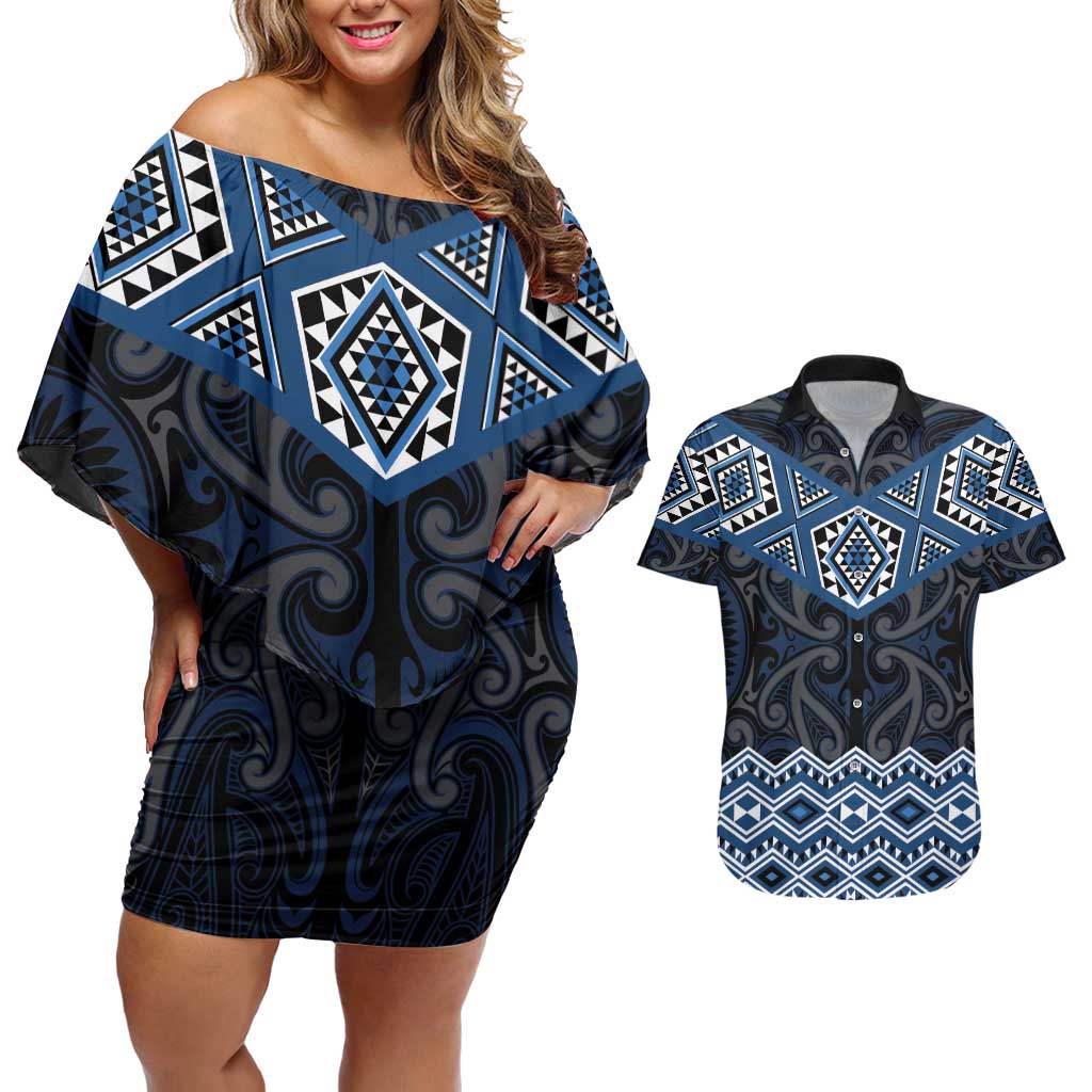 New Zealand Aotearoa Couples Matching Off Shoulder Short Dress and Hawaiian Shirt Blue Taniko Art Maori Pattern