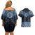 New Zealand Aotearoa Couples Matching Off Shoulder Short Dress and Hawaiian Shirt Blue Taniko Art Maori Pattern