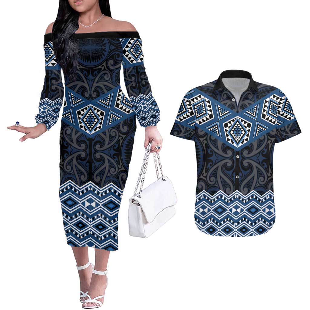 New Zealand Aotearoa Couples Matching Off The Shoulder Long Sleeve Dress and Hawaiian Shirt Blue Taniko Art Maori Pattern