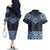 New Zealand Aotearoa Couples Matching Off The Shoulder Long Sleeve Dress and Hawaiian Shirt Blue Taniko Art Maori Pattern