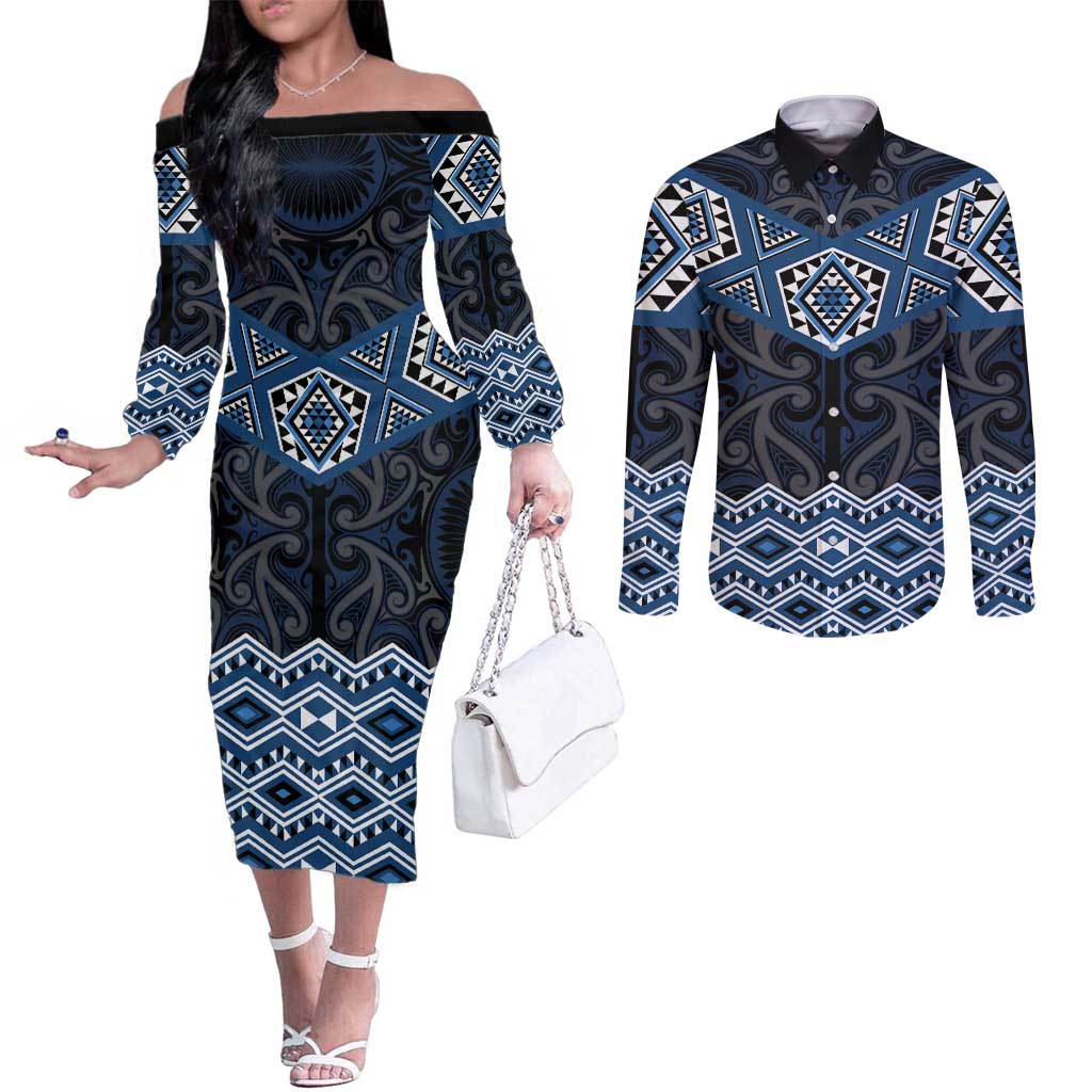 New Zealand Aotearoa Couples Matching Off The Shoulder Long Sleeve Dress and Long Sleeve Button Shirt Blue Taniko Art Maori Pattern