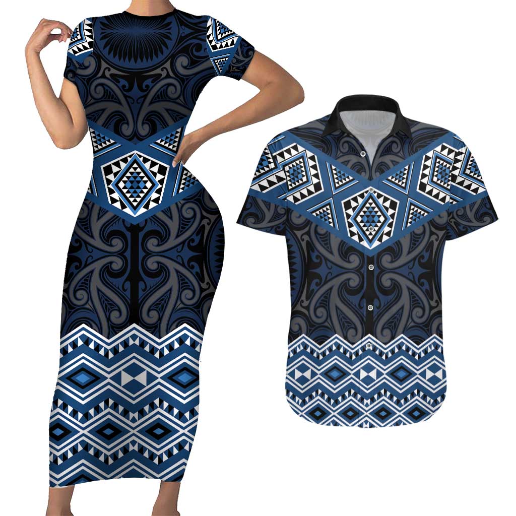 New Zealand Aotearoa Couples Matching Short Sleeve Bodycon Dress and Hawaiian Shirt Blue Taniko Art Maori Pattern