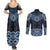 New Zealand Aotearoa Couples Matching Summer Maxi Dress and Long Sleeve Button Shirt Blue Taniko Art Maori Pattern