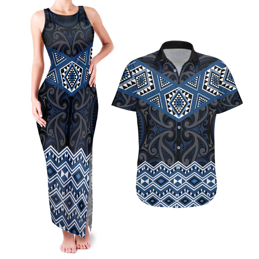 New Zealand Aotearoa Couples Matching Tank Maxi Dress and Hawaiian Shirt Blue Taniko Art Maori Pattern