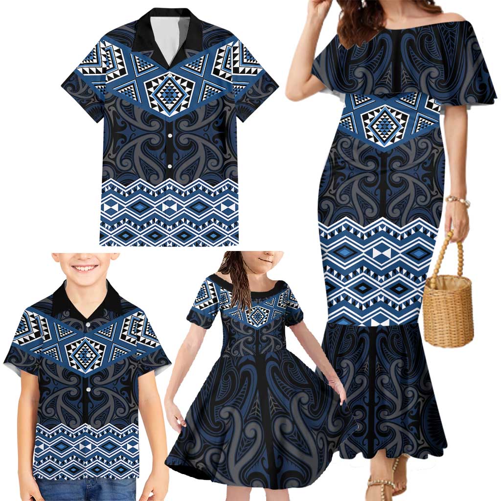 New Zealand Aotearoa Family Matching Mermaid Dress and Hawaiian Shirt Blue Taniko Art Maori Pattern