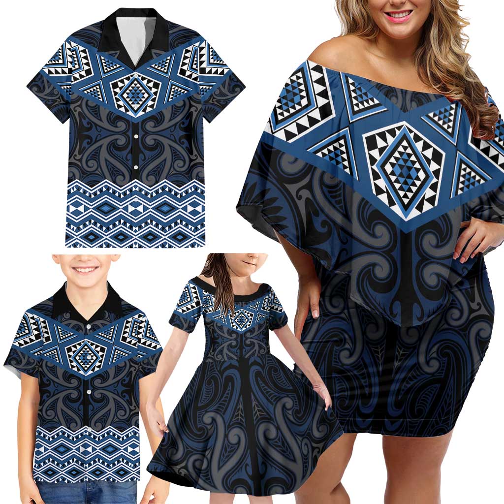 New Zealand Aotearoa Family Matching Off Shoulder Short Dress and Hawaiian Shirt Blue Taniko Art Maori Pattern