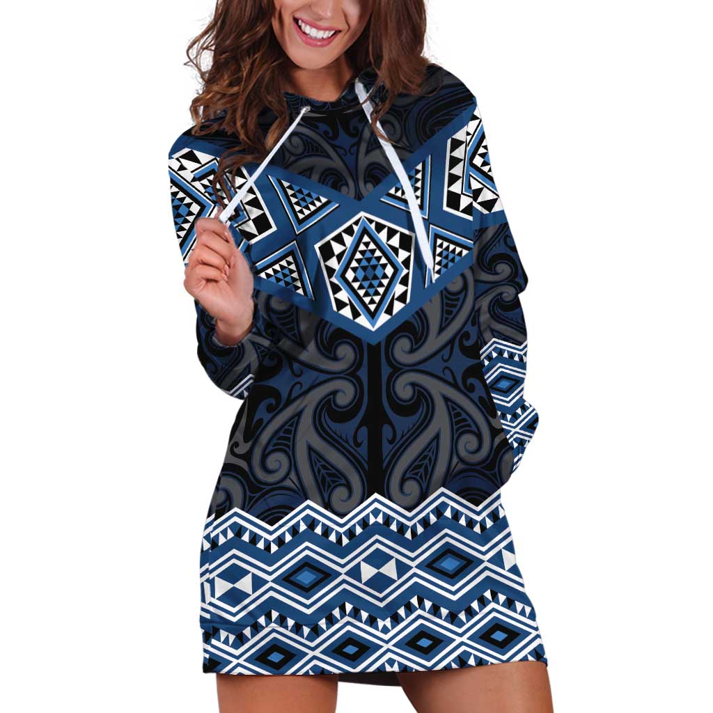 New Zealand Aotearoa Hoodie Dress Blue Taniko Art Maori Pattern