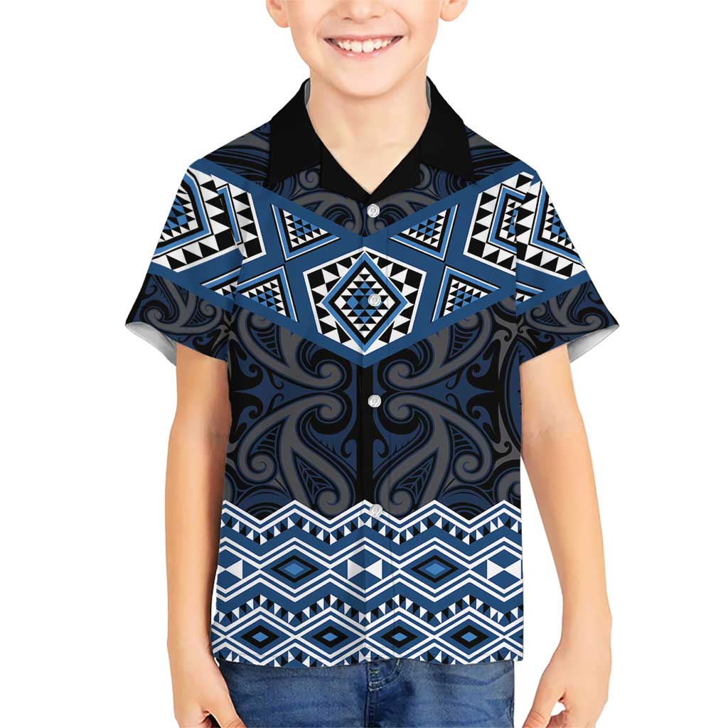 New Zealand Aotearoa Kid Hawaiian Shirt Blue Taniko Art Maori Pattern