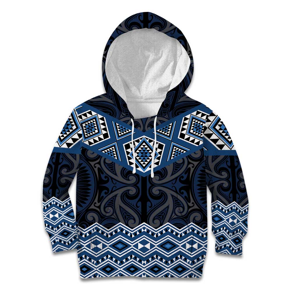 New Zealand Aotearoa Kid Hoodie Blue Taniko Art Maori Pattern