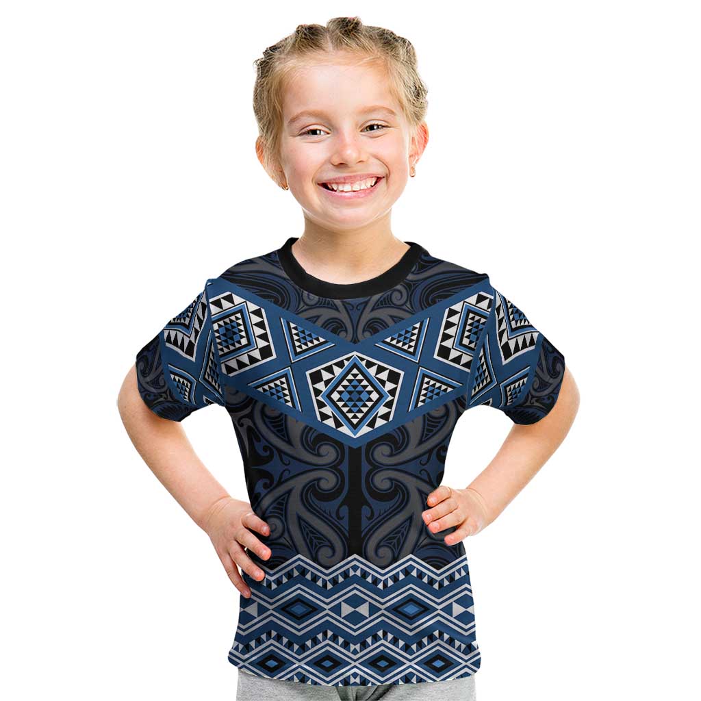 New Zealand Aotearoa Kid T Shirt Blue Taniko Art Maori Pattern