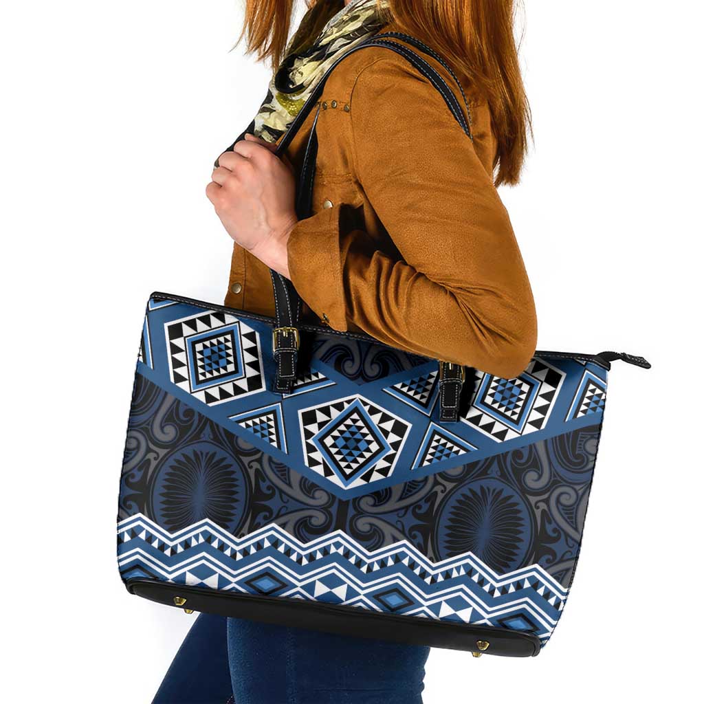 New Zealand Aotearoa Leather Tote Bag Blue Taniko Art Maori Pattern