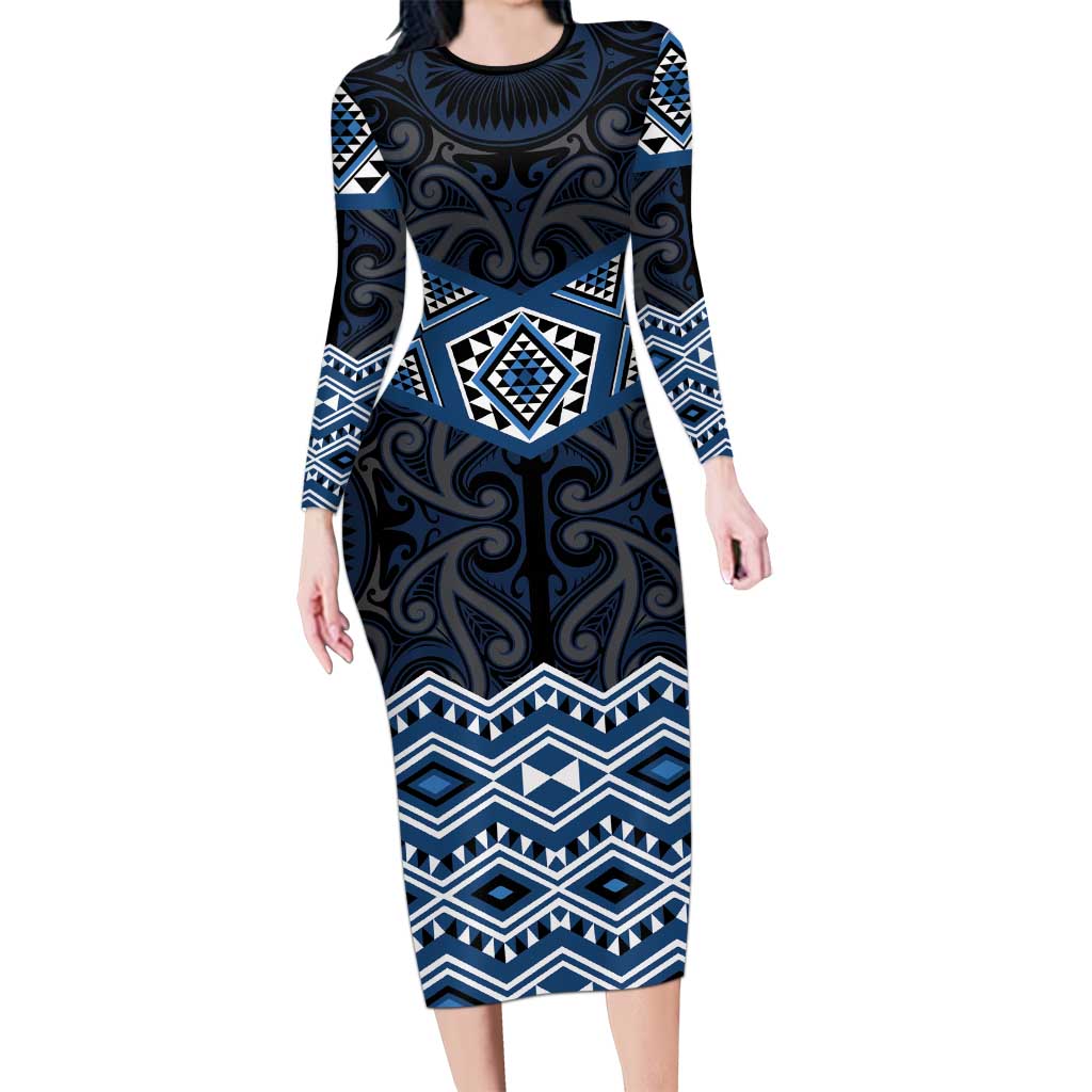 New Zealand Aotearoa Long Sleeve Bodycon Dress Blue Taniko Art Maori Pattern