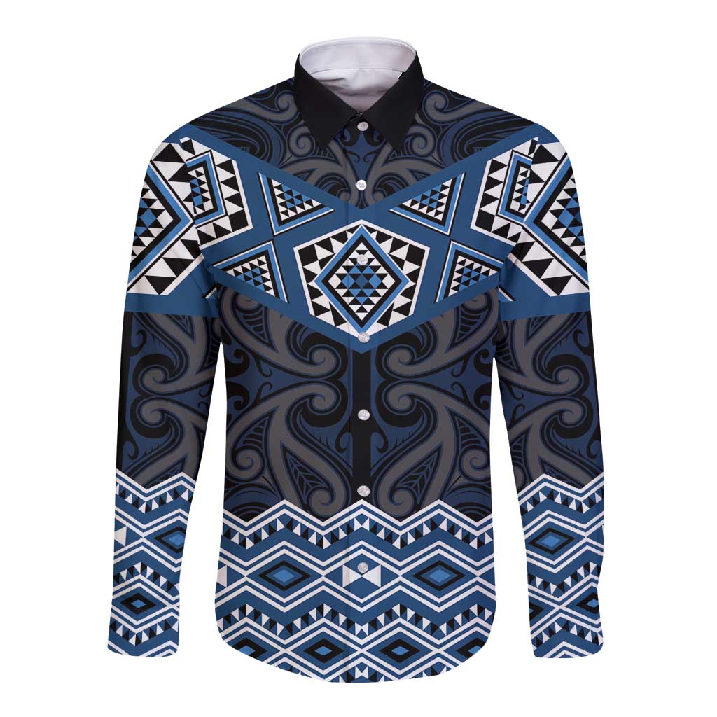 New Zealand Aotearoa Long Sleeve Button Shirt Blue Taniko Art Maori Pattern