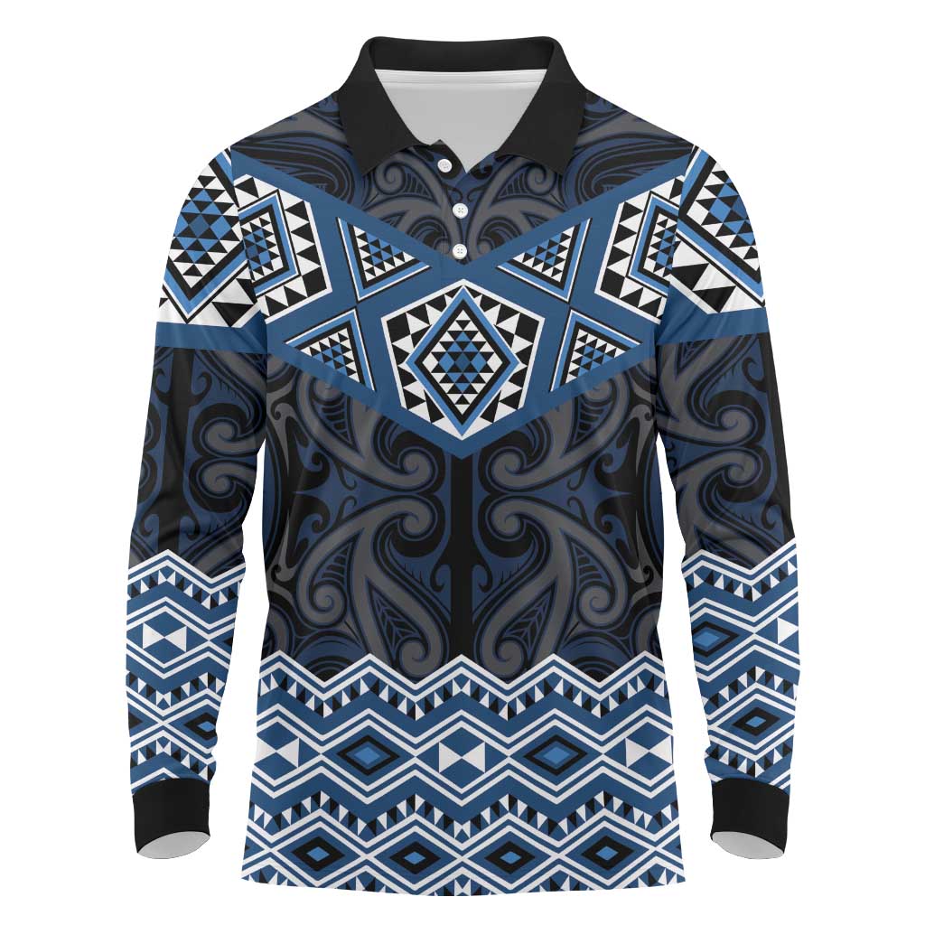 New Zealand Aotearoa Long Sleeve Polo Shirt Blue Taniko Art Maori Pattern