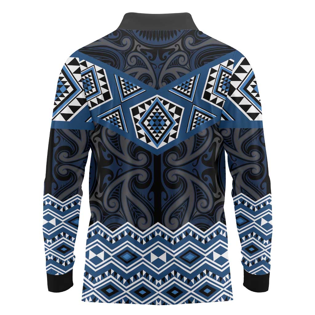 New Zealand Aotearoa Long Sleeve Polo Shirt Blue Taniko Art Maori Pattern