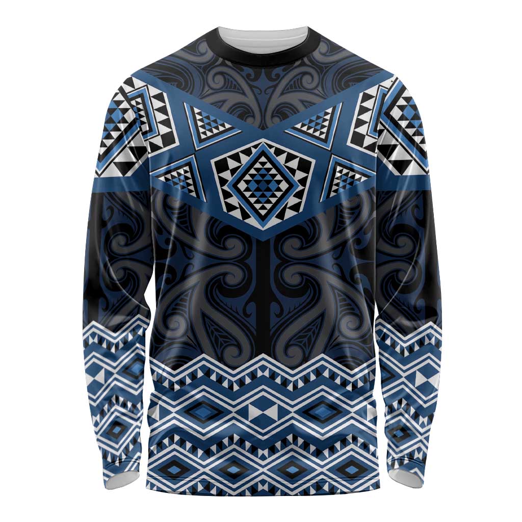 New Zealand Aotearoa Long Sleeve Shirt Blue Taniko Art Maori Pattern