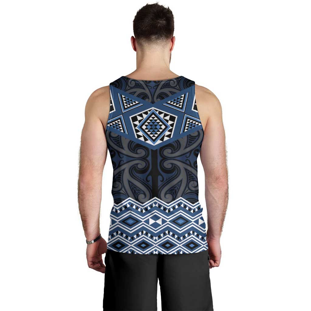 New Zealand Aotearoa Men Tank Top Blue Taniko Art Maori Pattern