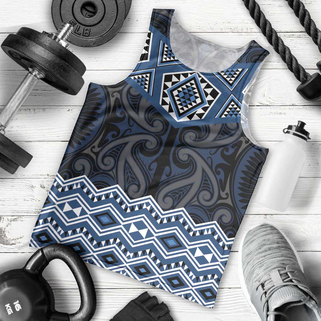 New Zealand Aotearoa Men Tank Top Blue Taniko Art Maori Pattern