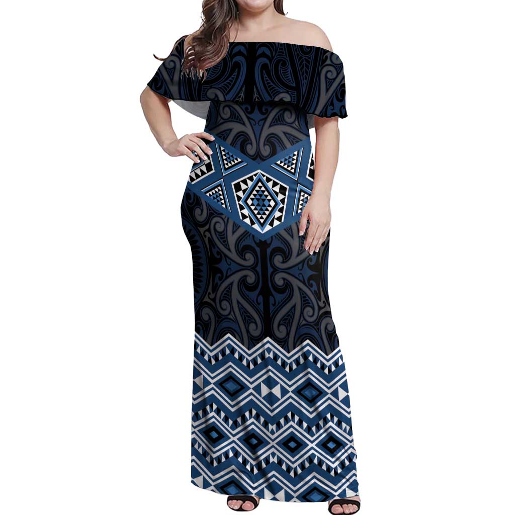 New Zealand Aotearoa Off Shoulder Maxi Dress Blue Taniko Art Maori Pattern