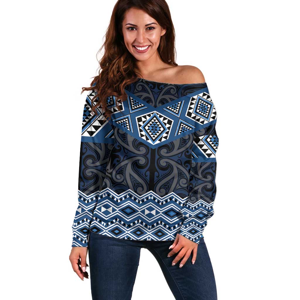 New Zealand Aotearoa Off Shoulder Sweater Blue Taniko Art Maori Pattern