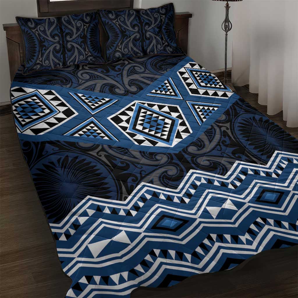 New Zealand Aotearoa Quilt Bed Set Blue Taniko Art Maori Pattern