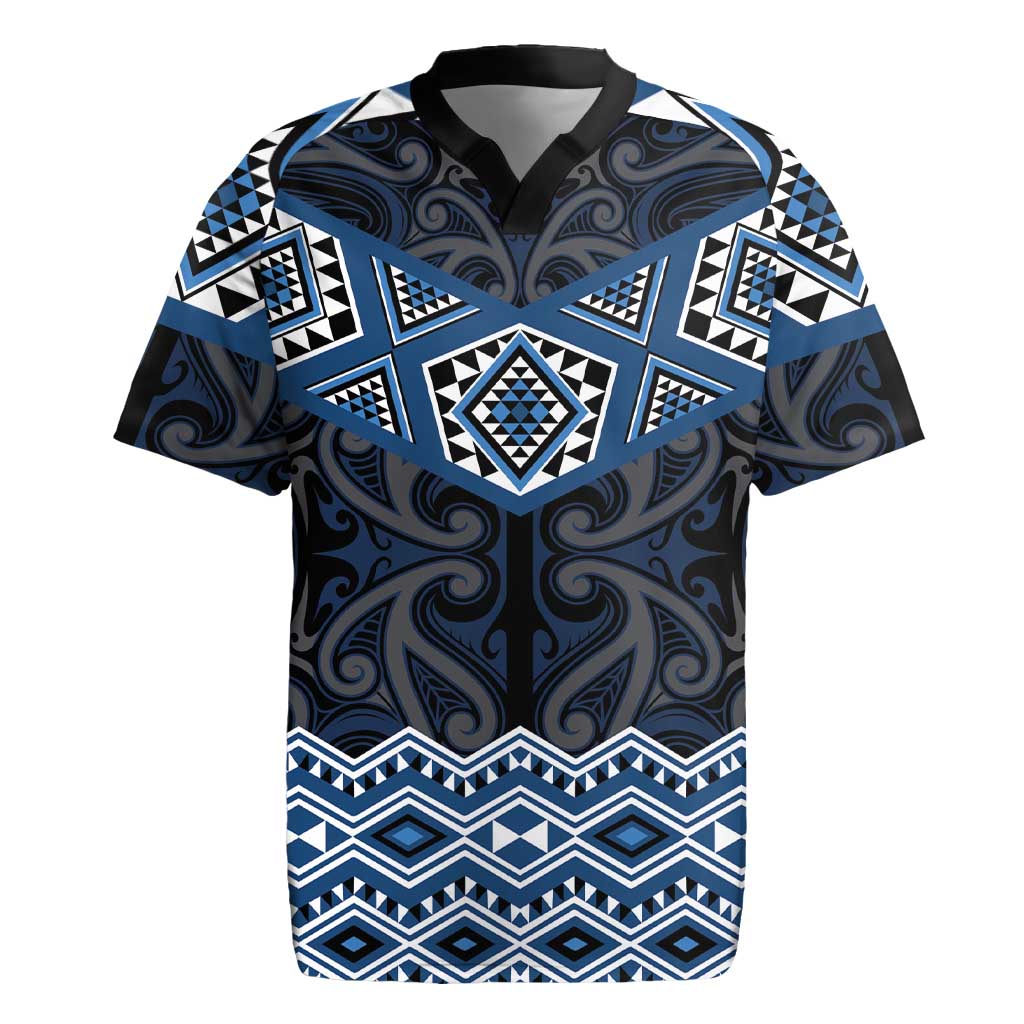 New Zealand Aotearoa Rugby Jersey Blue Taniko Art Maori Pattern