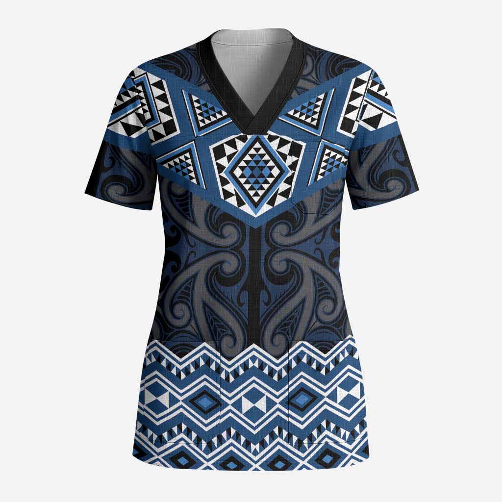 New Zealand Aotearoa Scrub Top Blue Taniko Art Maori Pattern - Polynesian Pride