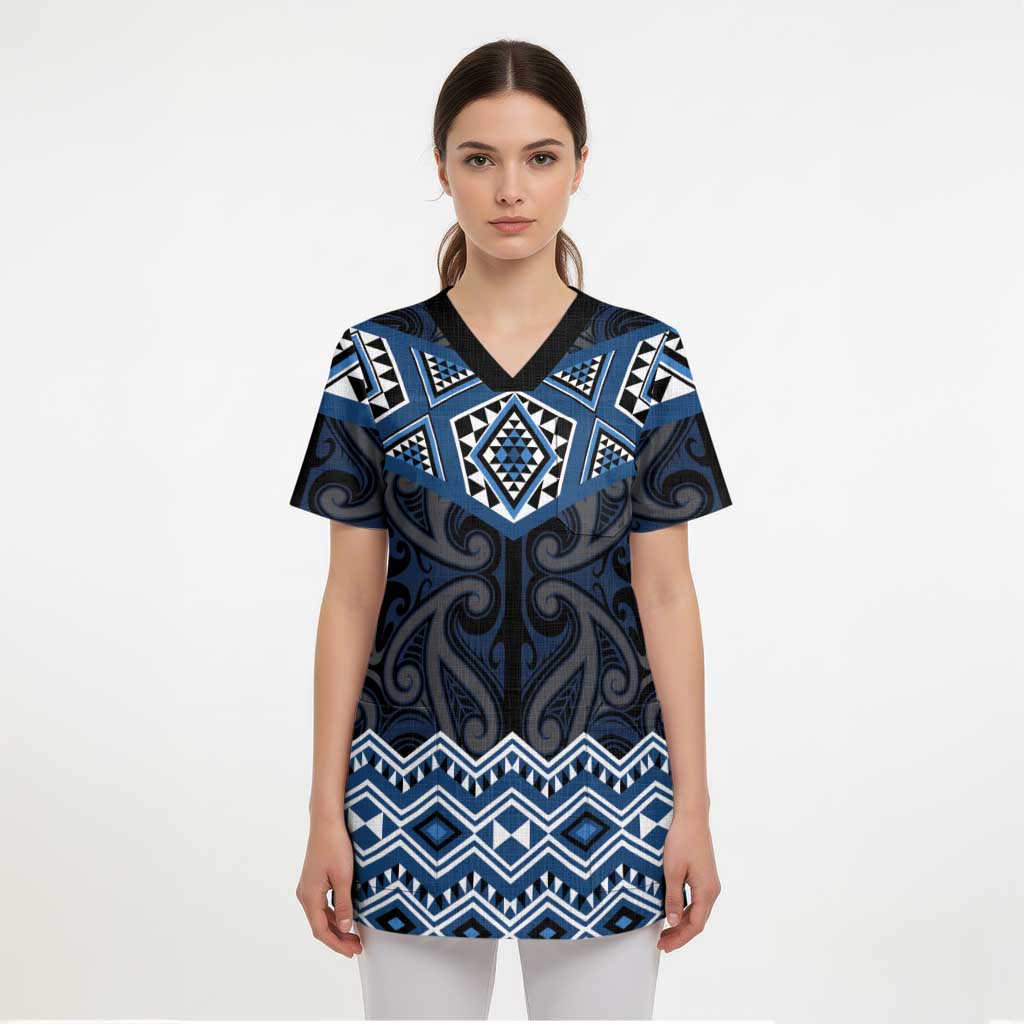 New Zealand Aotearoa Scrub Top Blue Taniko Art Maori Pattern - Polynesian Pride