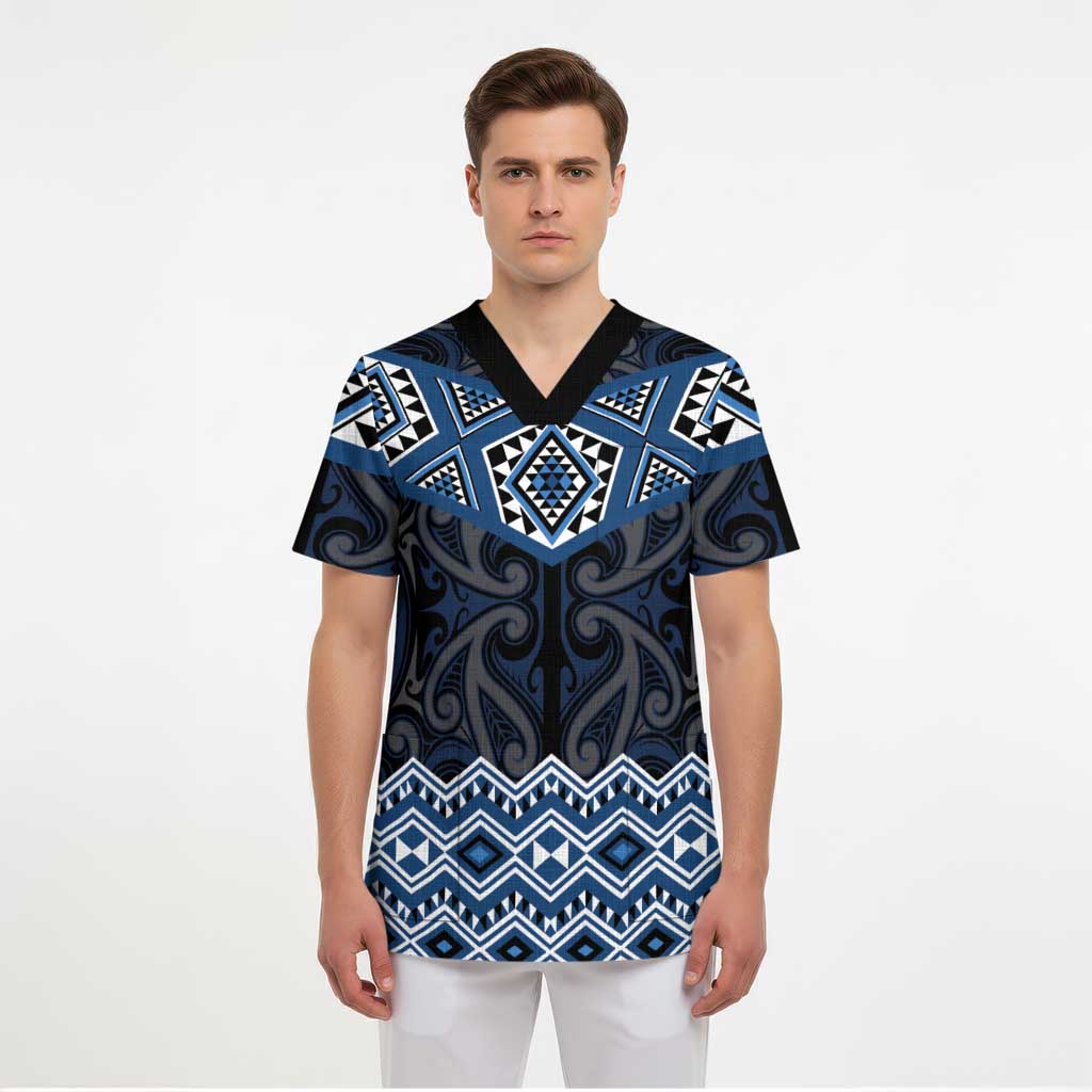New Zealand Aotearoa Scrub Top Blue Taniko Art Maori Pattern - Polynesian Pride