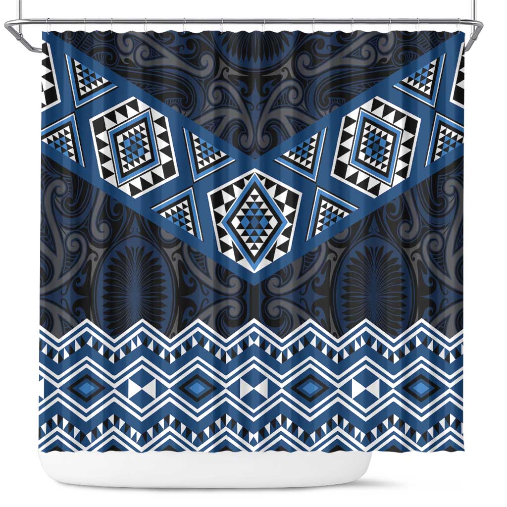 New Zealand Aotearoa Shower Curtain Blue Taniko Art Maori Pattern