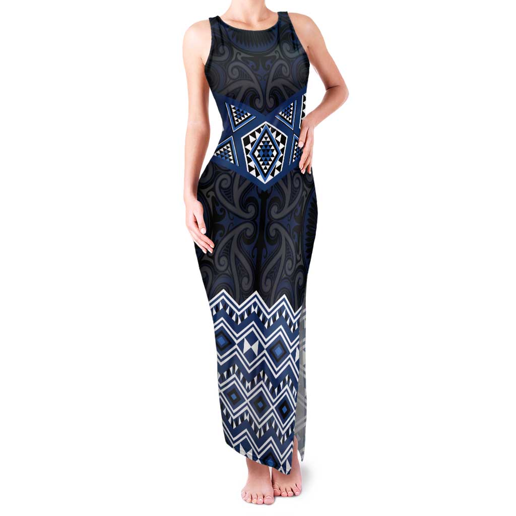 New Zealand Aotearoa Tank Maxi Dress Blue Taniko Art Maori Pattern