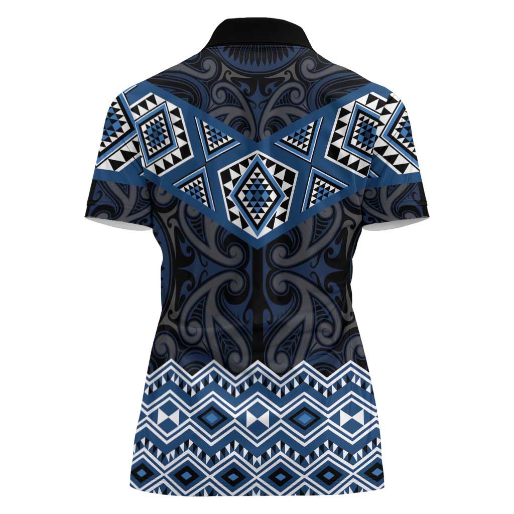 New Zealand Aotearoa Women Polo Shirt Blue Taniko Art Maori Pattern