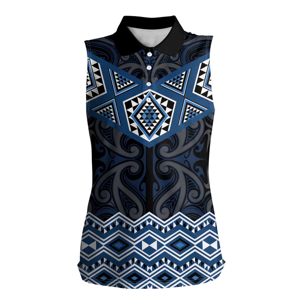 New Zealand Aotearoa Women Sleeveless Polo Shirt Blue Taniko Art Maori Pattern