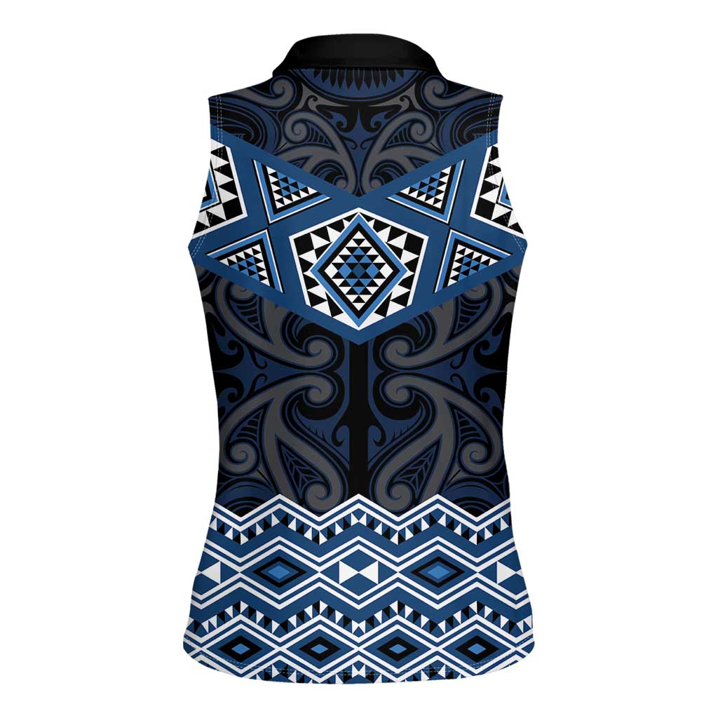 New Zealand Aotearoa Women Sleeveless Polo Shirt Blue Taniko Art Maori Pattern