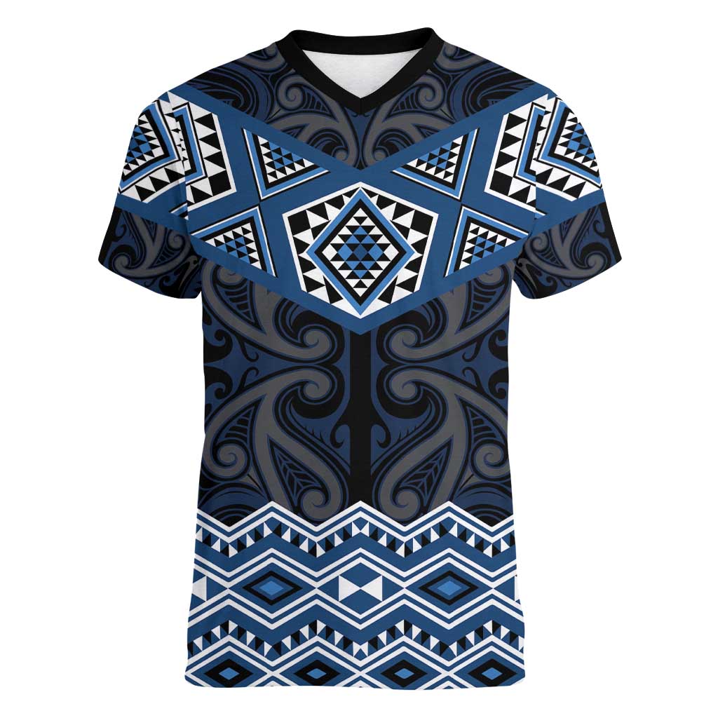 New Zealand Aotearoa Women V-Neck T-Shirt Blue Taniko Art Maori Pattern