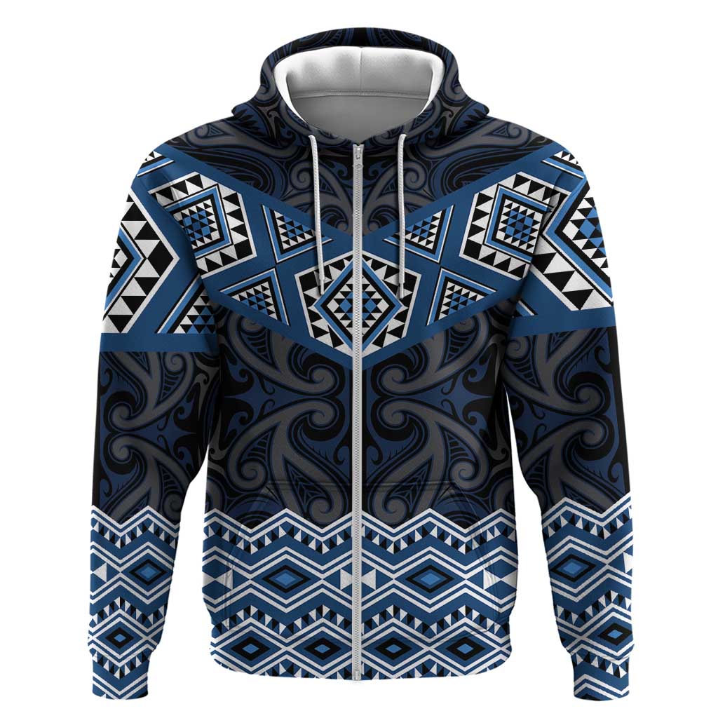 New Zealand Aotearoa Zip Hoodie Blue Taniko Art Maori Pattern