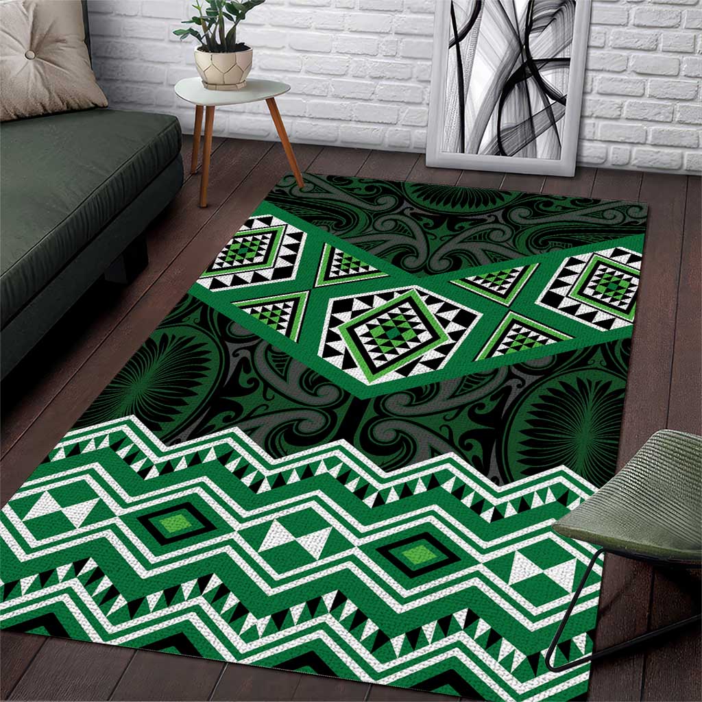 New Zealand Aotearoa Area Rug Green Taniko Art Maori Pattern