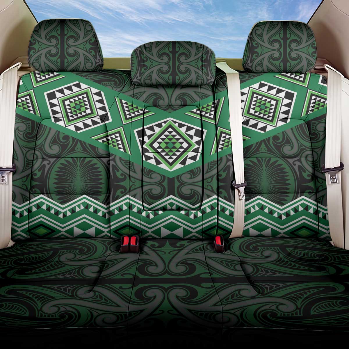 New Zealand Aotearoa Back Car Seat Cover Green Taniko Art Maori Pattern