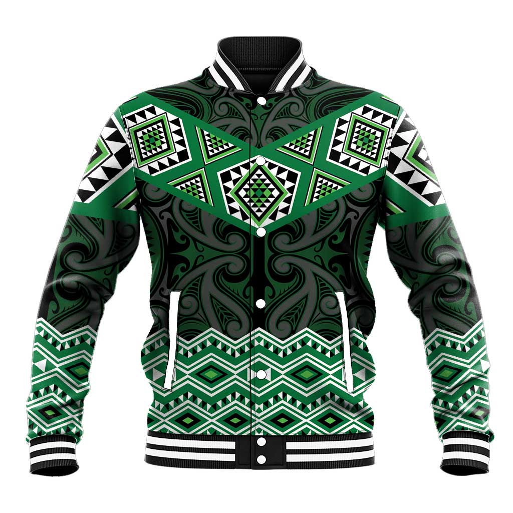 New Zealand Aotearoa Baseball Jacket Green Taniko Art Maori Pattern