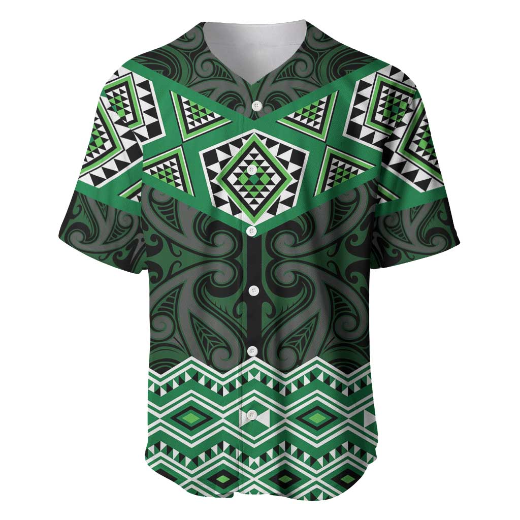 New Zealand Aotearoa Baseball Jersey Green Taniko Art Maori Pattern