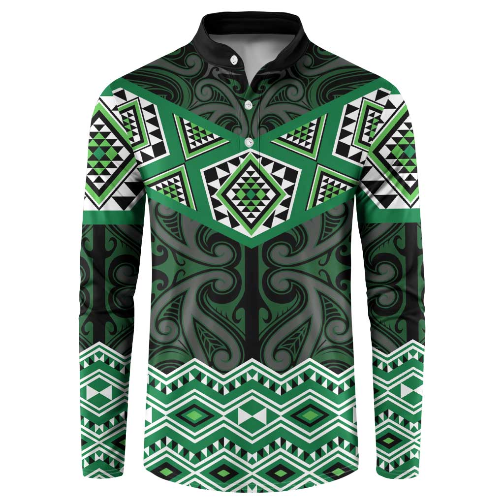 New Zealand Aotearoa Button Sweatshirt Green Taniko Art Maori Pattern