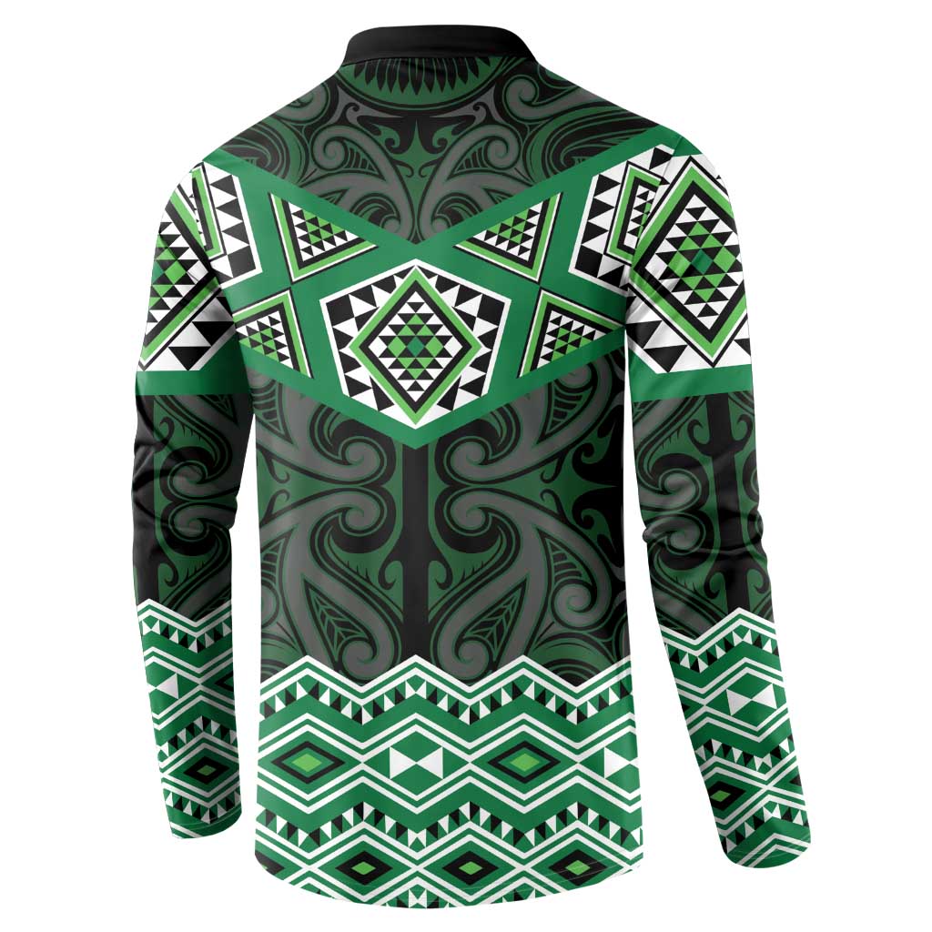 New Zealand Aotearoa Button Sweatshirt Green Taniko Art Maori Pattern