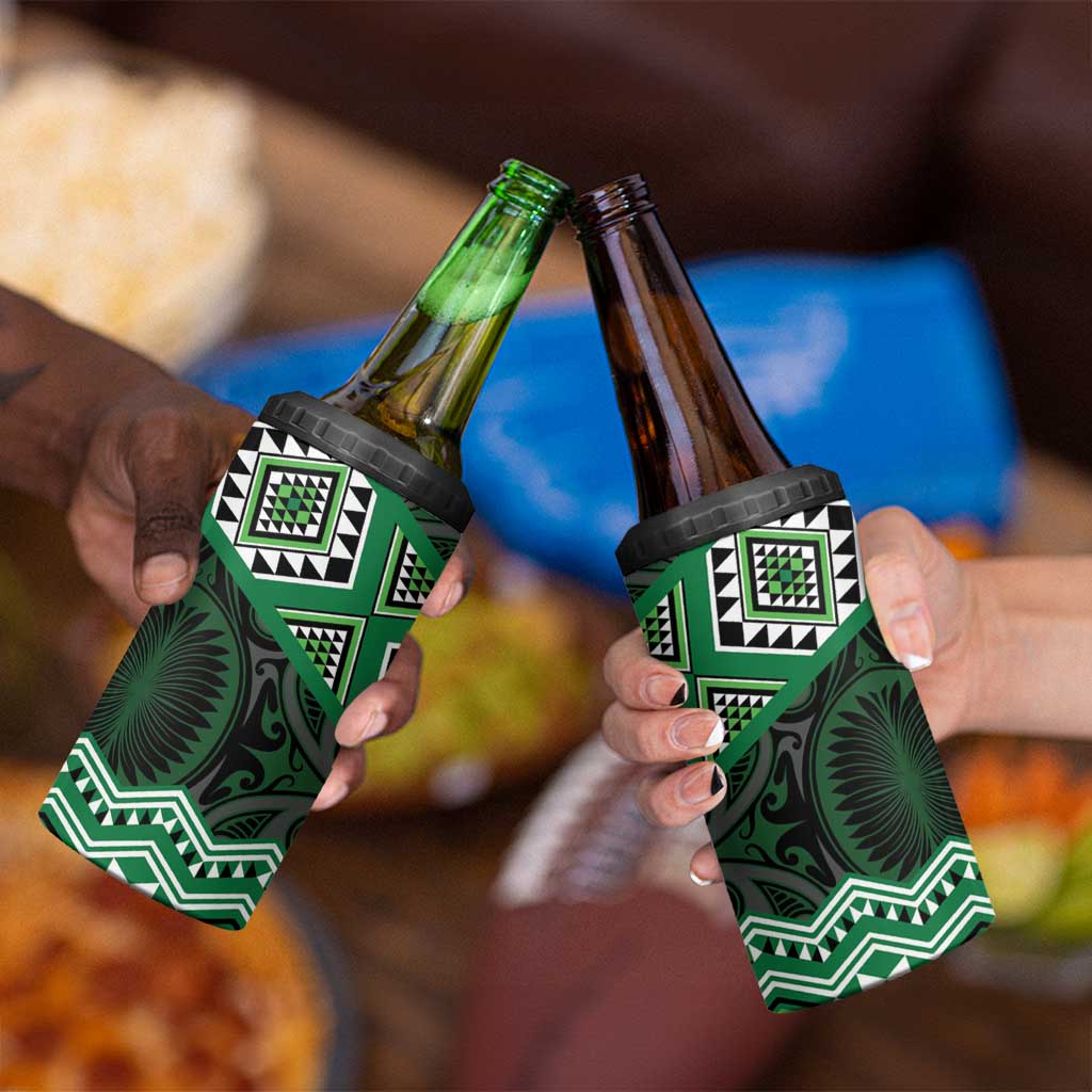 New Zealand Aotearoa 4 in 1 Can Cooler Tumbler Green Taniko Art Maori Pattern