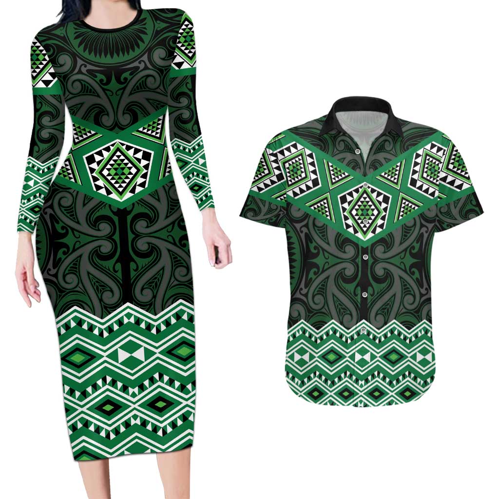 New Zealand Aotearoa Couples Matching Long Sleeve Bodycon Dress and Hawaiian Shirt Green Taniko Art Maori Pattern