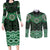 New Zealand Aotearoa Couples Matching Long Sleeve Bodycon Dress and Long Sleeve Button Shirt Green Taniko Art Maori Pattern